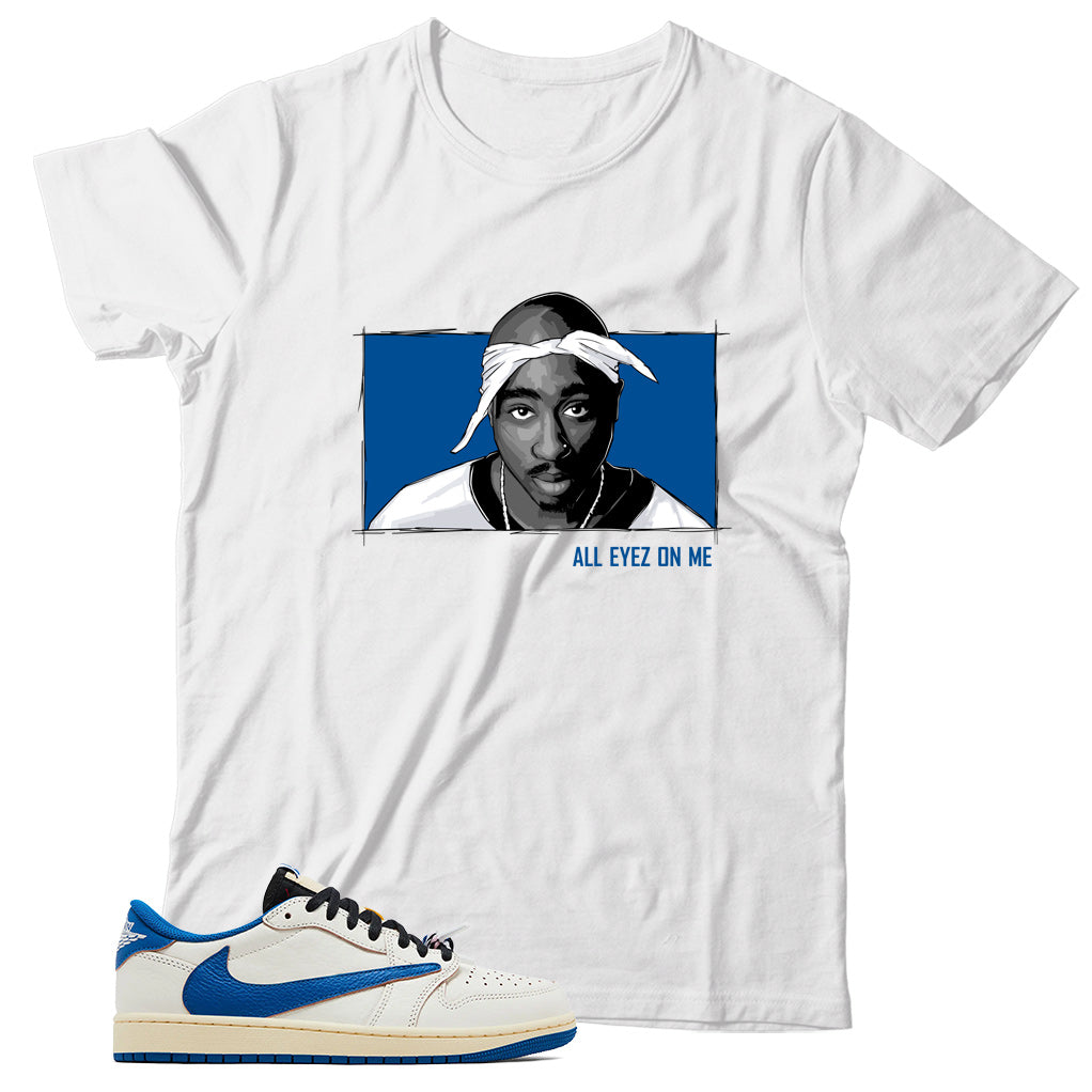 Jordan 1 Low Fragment Travis Scott Sail Military Blue shirt
