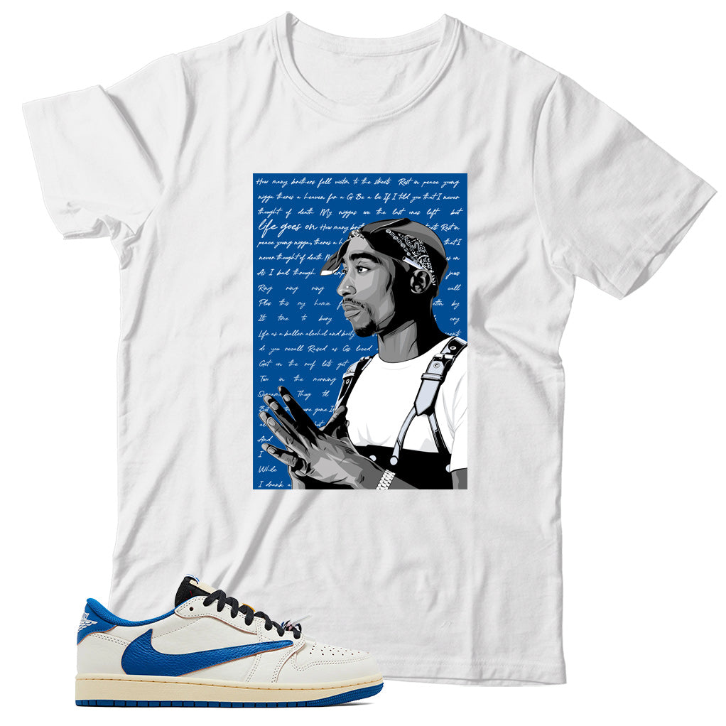 Jordan 1 Low Fragment Travis Scott Sail Military Blue shirt