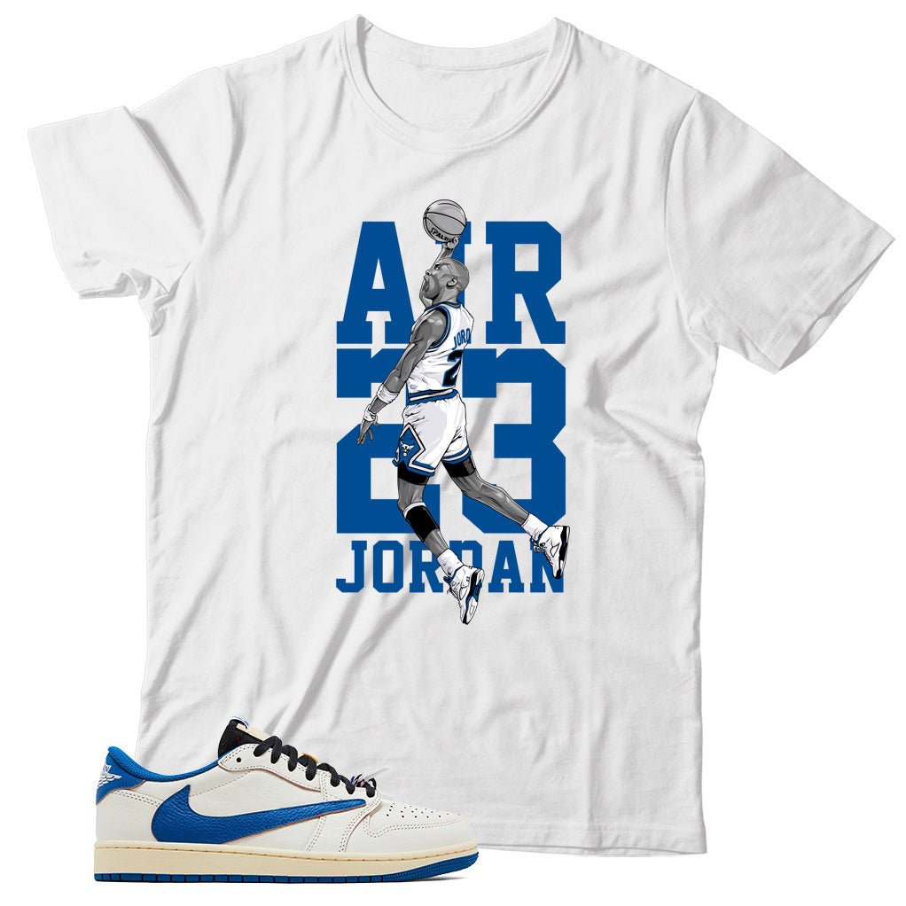 Jordan 1 Low Fragment Travis Scott Sail Military Blue shirt