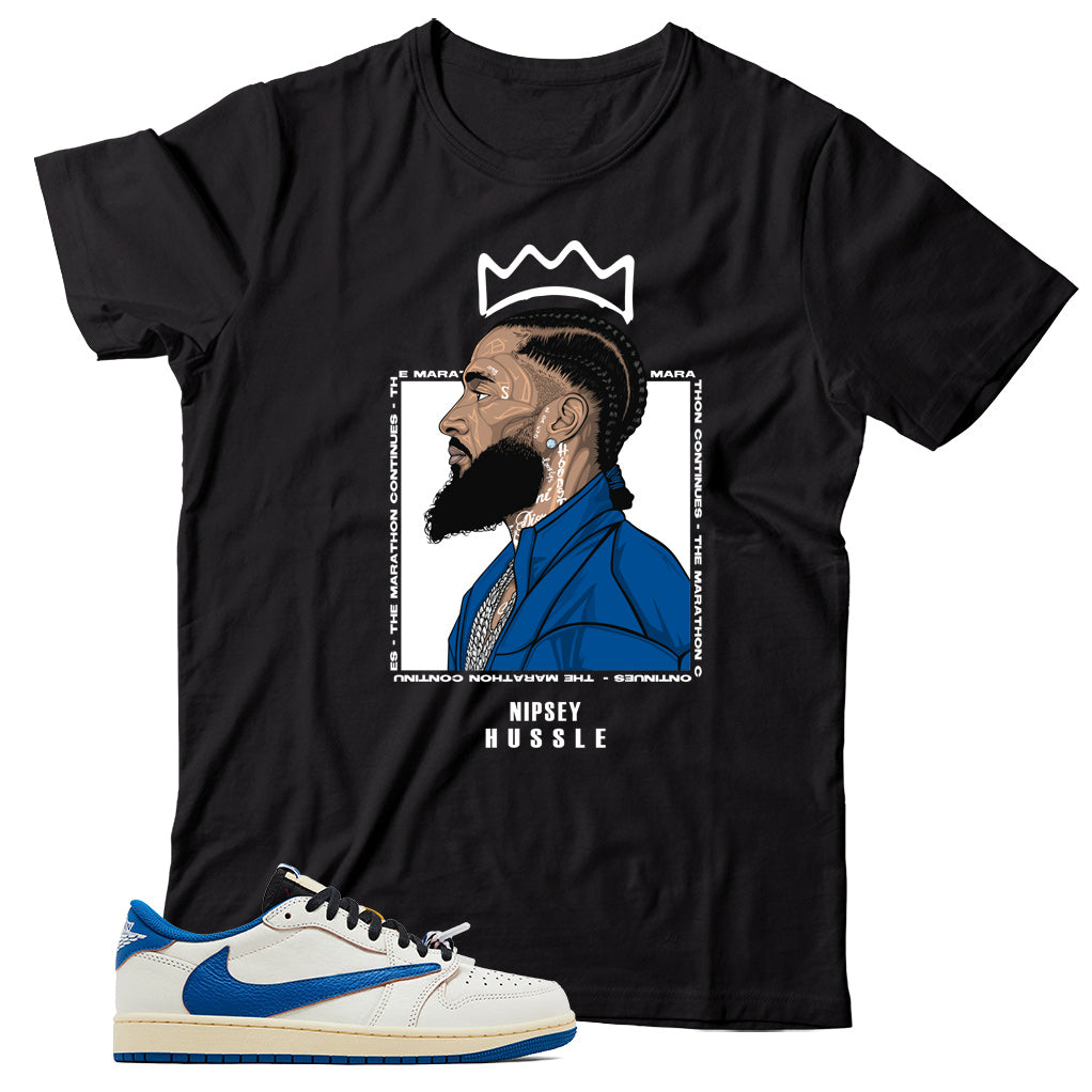 Jordan 1 Low Fragment Travis Scott Sail Military Blue shirt