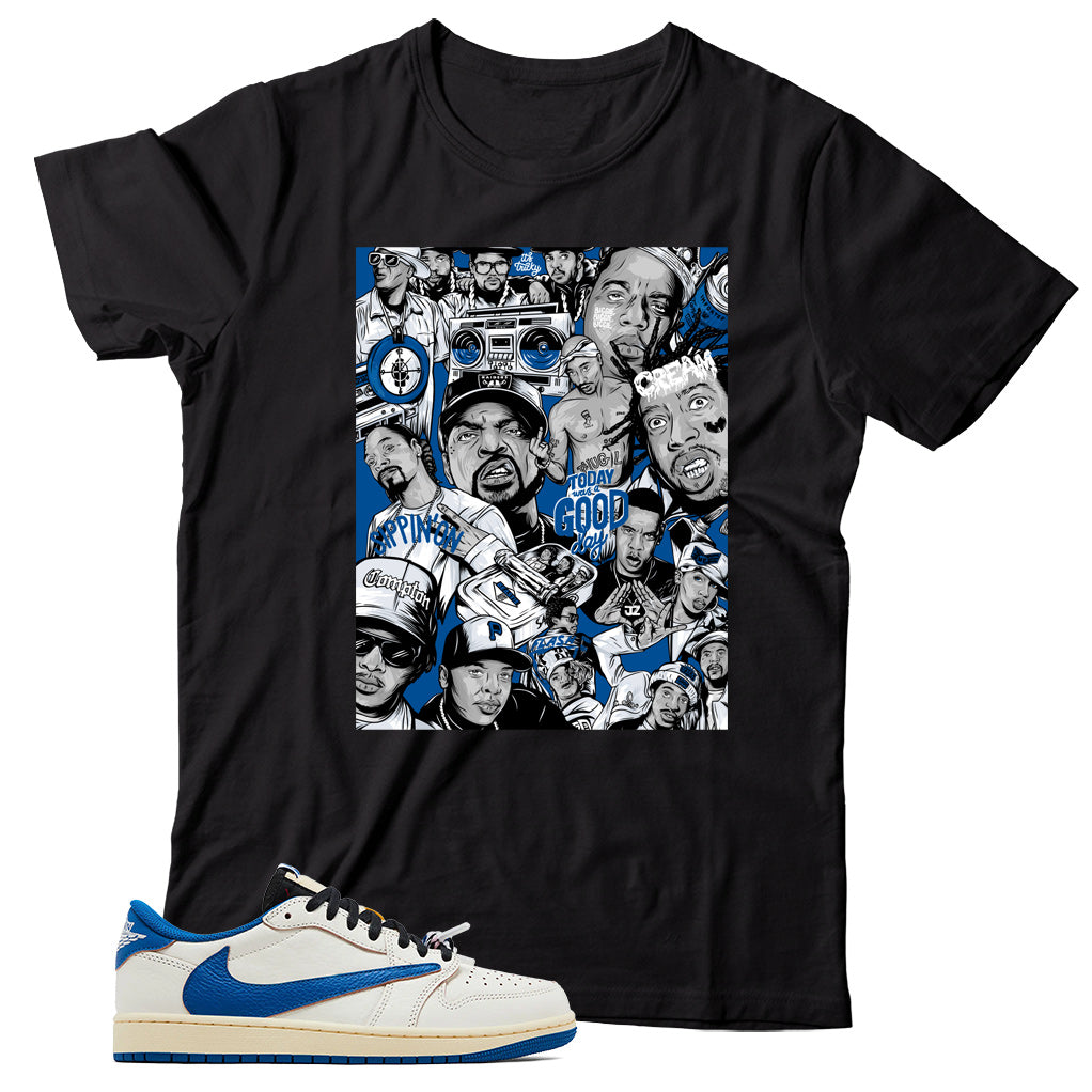 Jordan 1 Low Fragment Travis Scott Sail Military Blue shirt