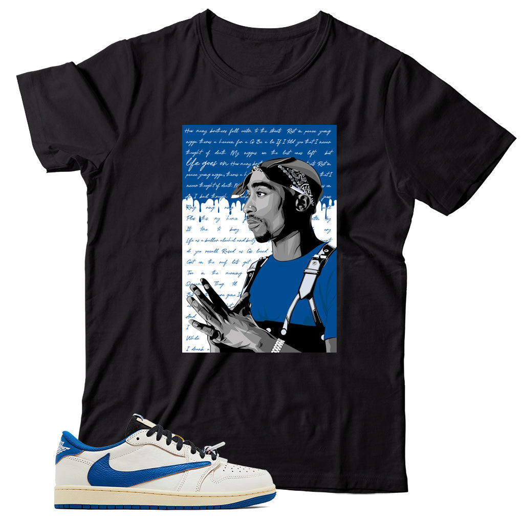 Jordan 1 Low Fragment Travis Scott Sail Military Blue shirt
