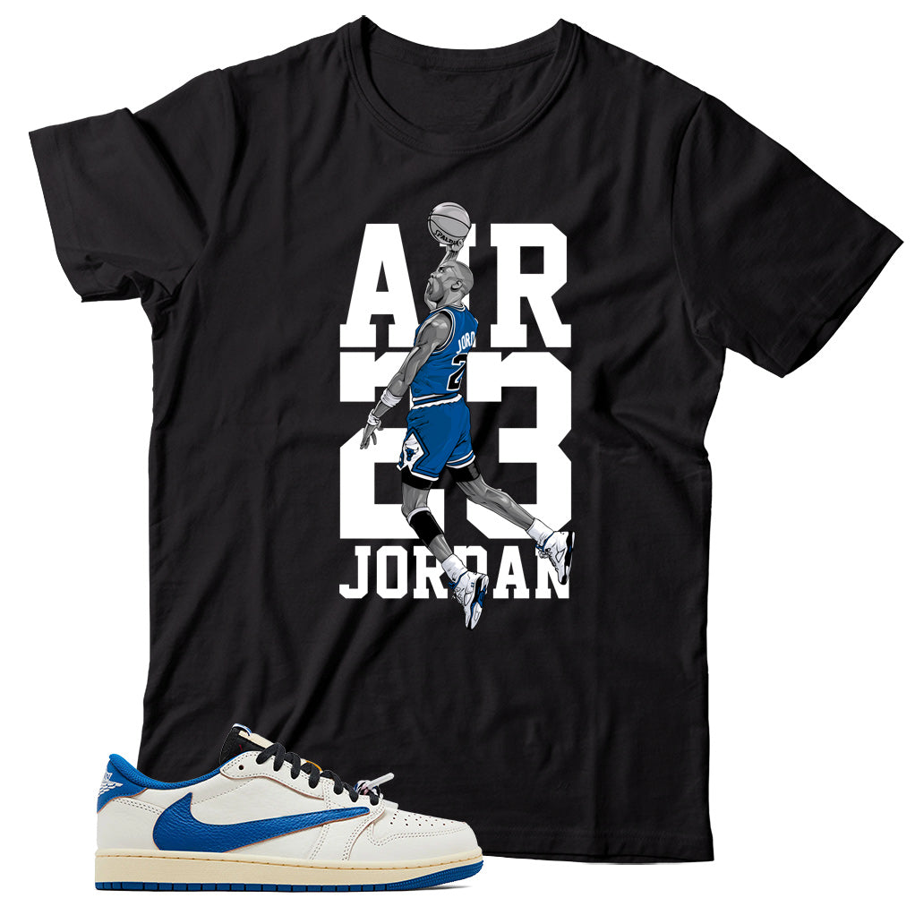 Jordan 1 Low Fragment Travis Scott Sail Military Blue shirt