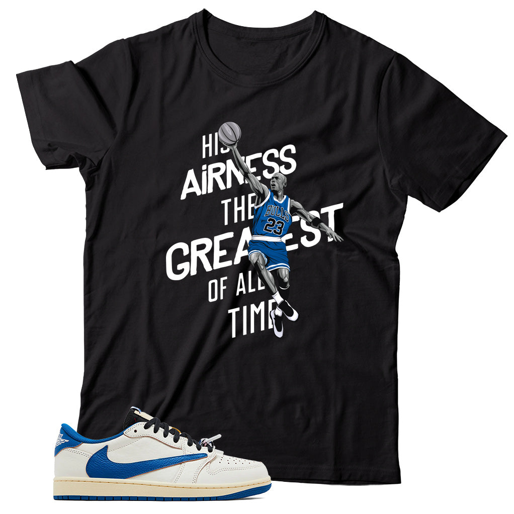 Jordan 1 Low Fragment Travis Scott Sail Military Blue shirt