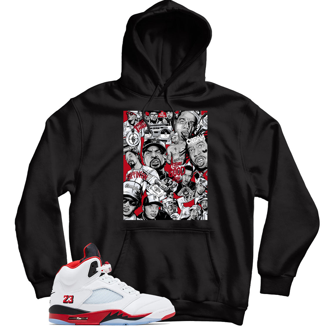 Hoodie Match Jordan 5 Fire Red Black Tongue