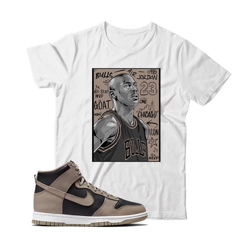 A white T-shirt with a graphic print of a basketball player wearing a jersey, paired with a Nike Dunk High Moon Fossil sneaker.