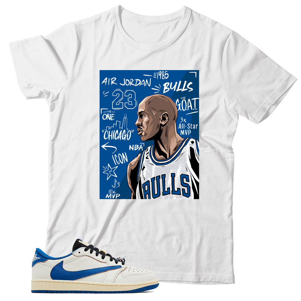 Jordan 1 Low Fragment Travis Scott Sail Military Blue shirt