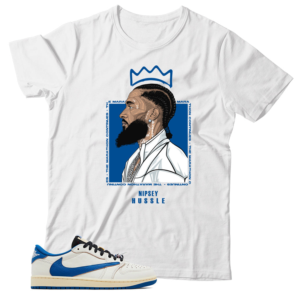Jordan 1 Low Fragment Travis Scott Sail Military Blue shirt