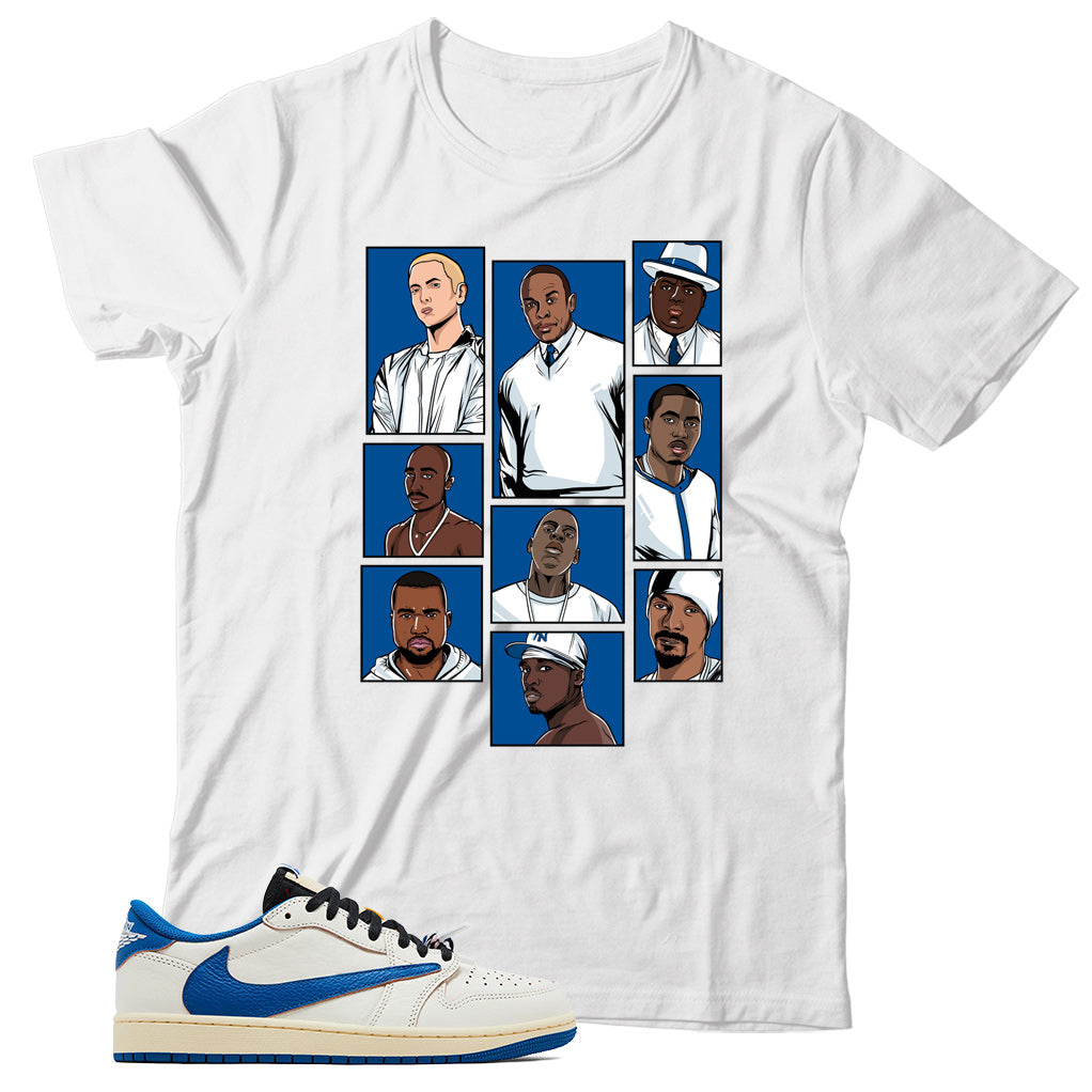 Jordan 1 Low Fragment Travis Scott Sail Military Blue shirt