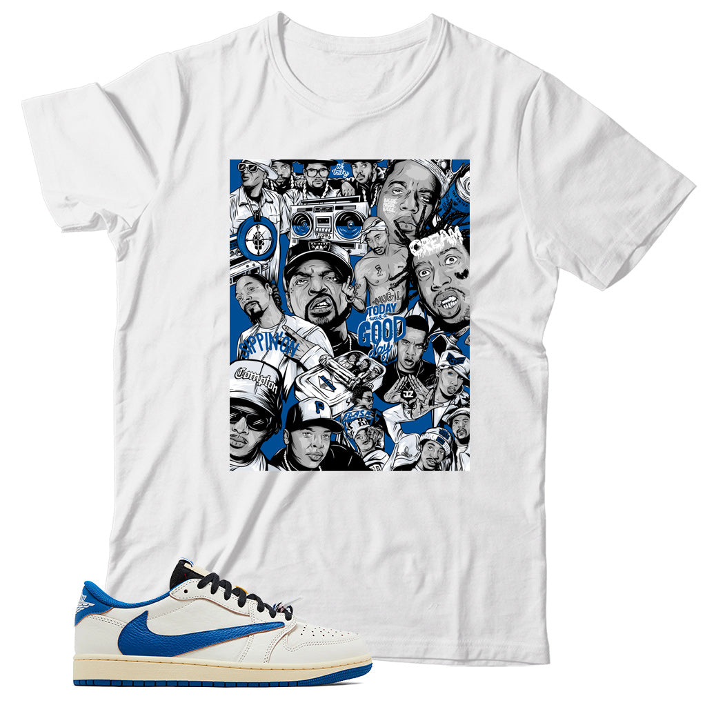 Jordan 1 Low Fragment Travis Scott Sail Military Blue shirt