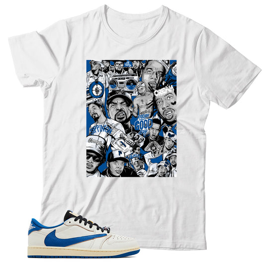 Jordan 1 Low Fragment Travis Scott Sail Military Blue shirt