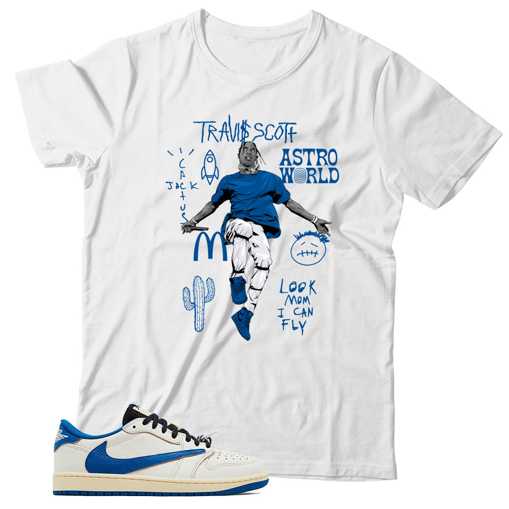Jordan 1 Low Fragment Travis Scott Sail Military Blue shirt