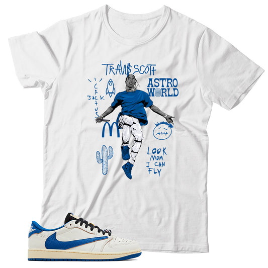 Jordan 1 Low Fragment Travis Scott Sail Military Blue shirt