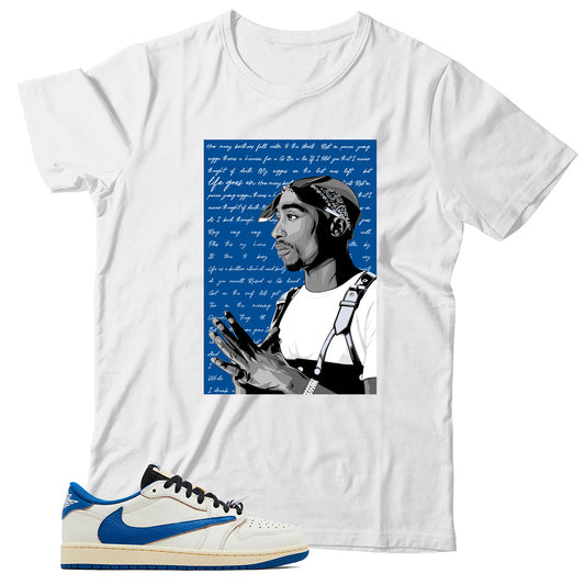 Jordan 1 Low Fragment Travis Scott Sail Military Blue shirt