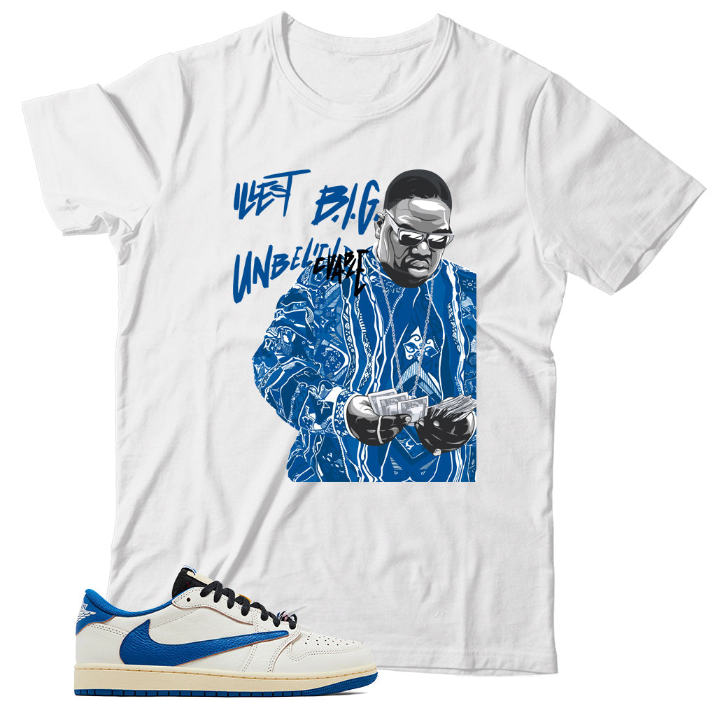 Jordan 1 Low Fragment Travis Scott Sail Military Blue shirt