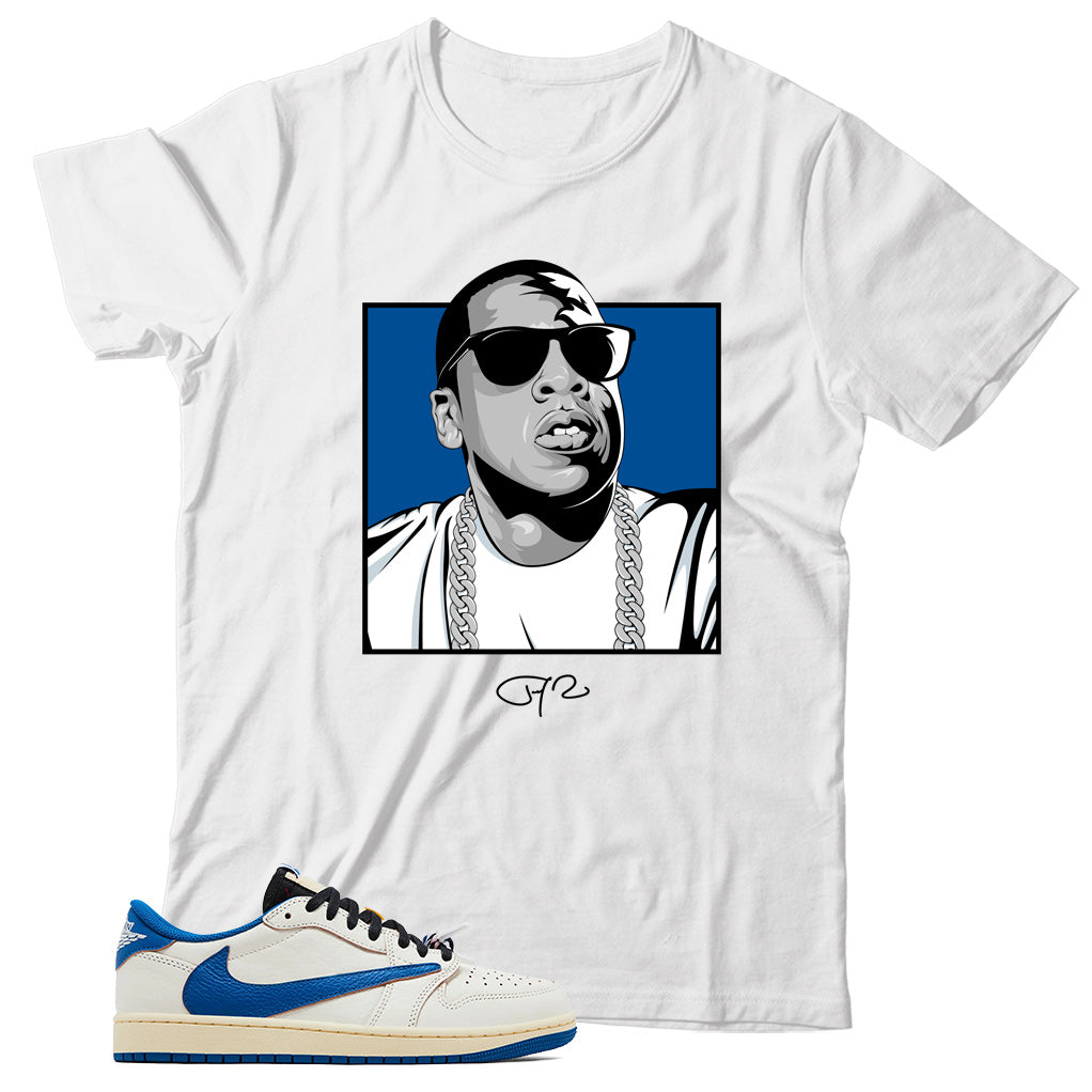 Jordan 1 Low Fragment Travis Scott Sail Military Blue shirt