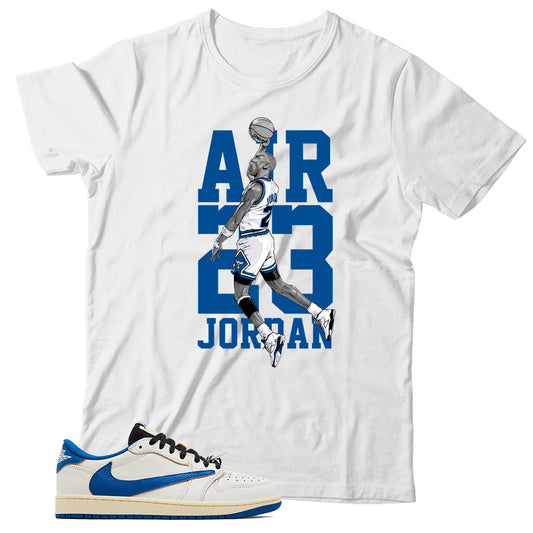 Jordan 1 Low Fragment Travis Scott Sail Military Blue shirt