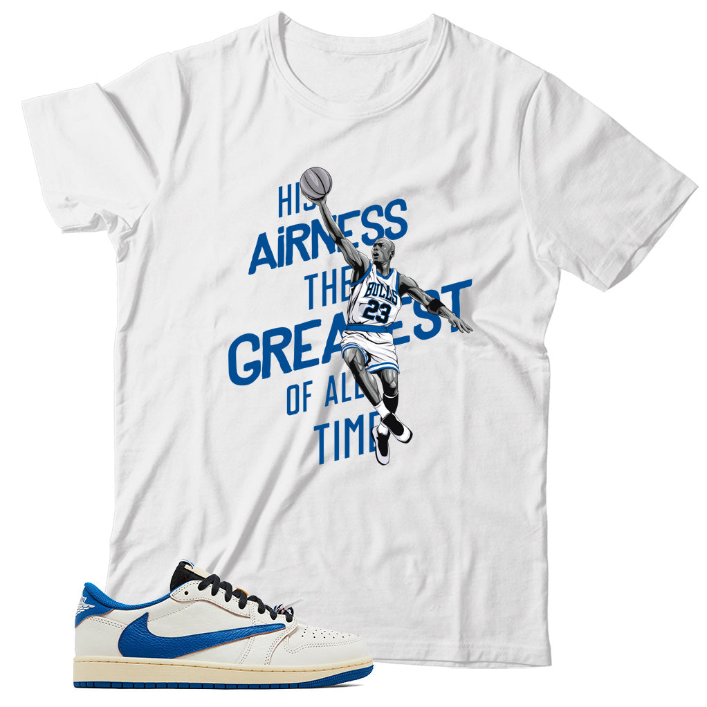 Jordan 1 Low Fragment Travis Scott Sail Military Blue shirt