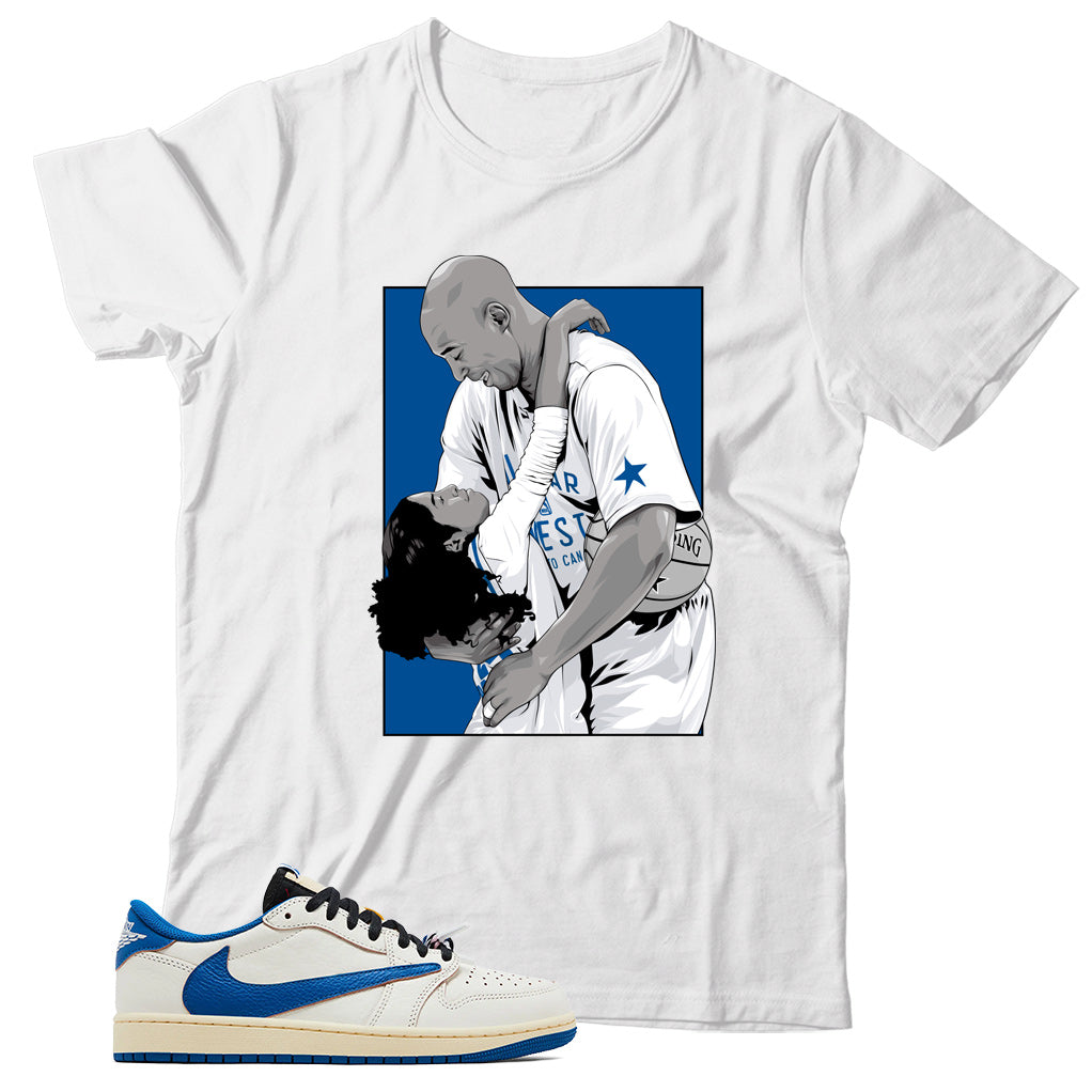 Jordan 1 Low Fragment Travis Scott Sail Military Blue shirt