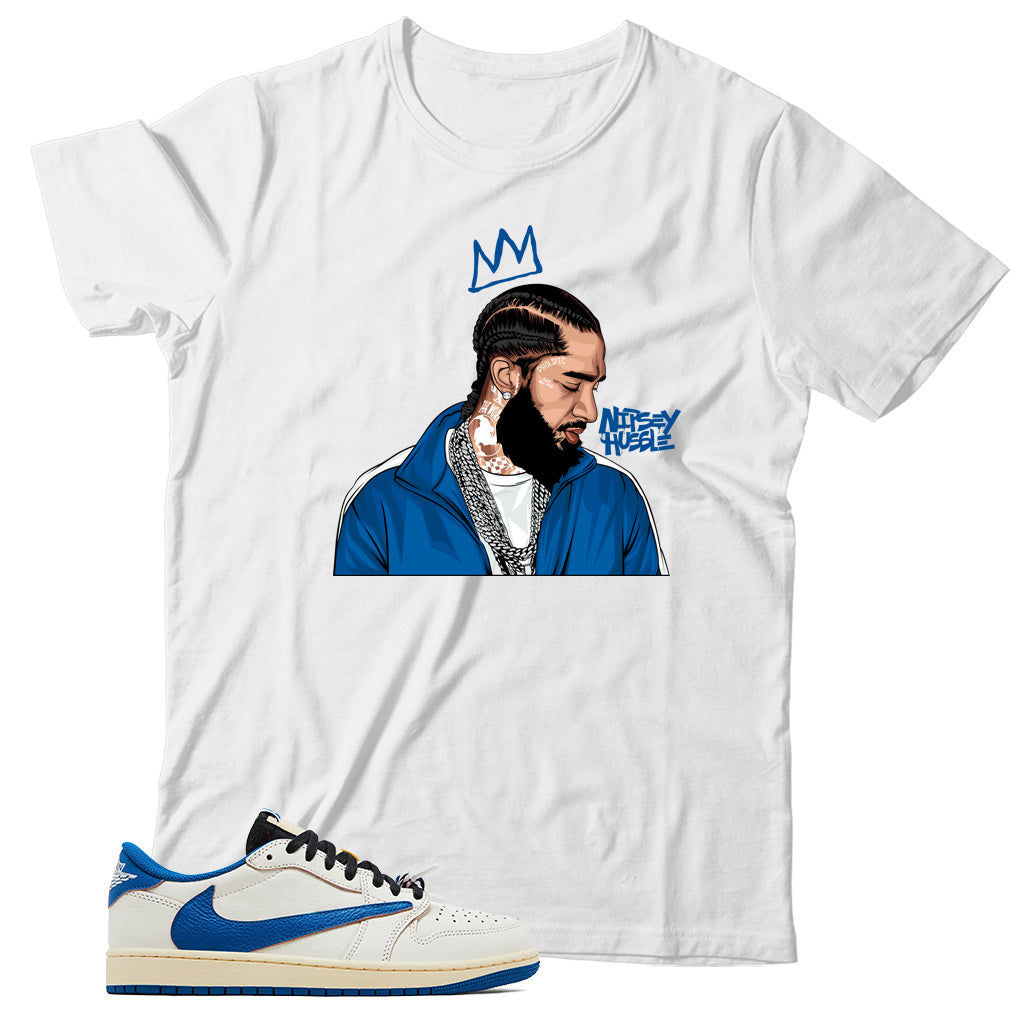 Jordan 1 Low Fragment Travis Scott Sail Military Blue shirt