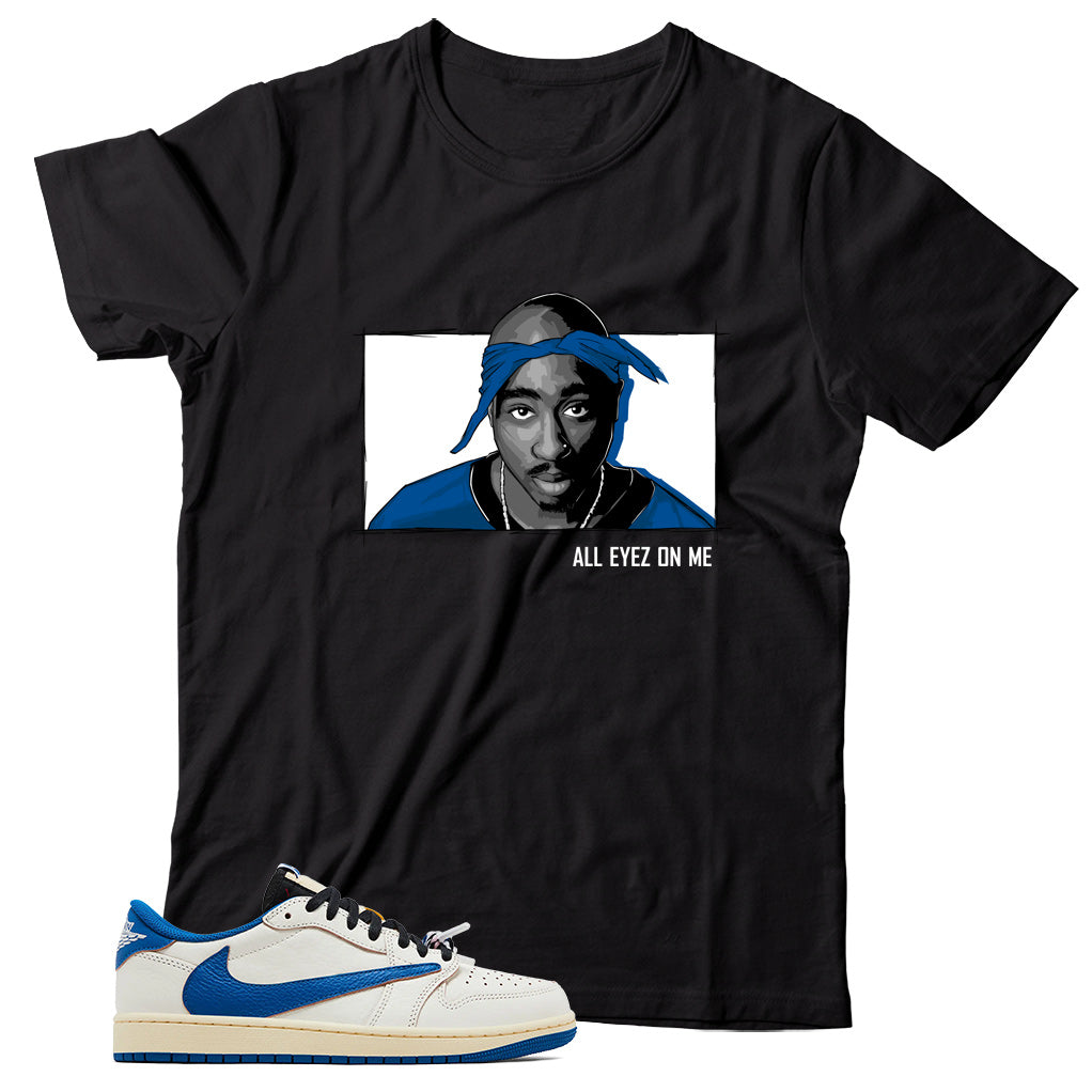 Jordan 1 Low Fragment Travis Scott Sail Military Blue shirt