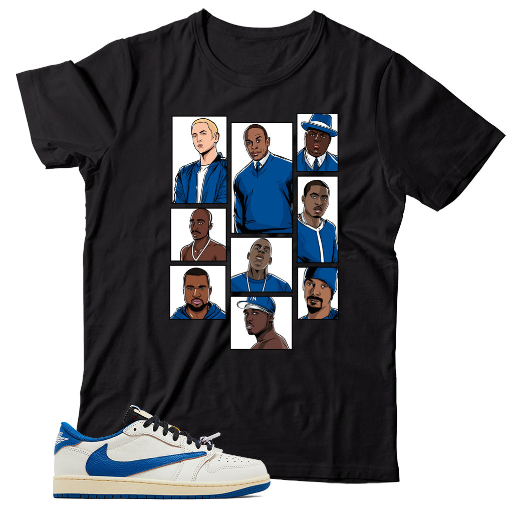 Jordan 1 Low Fragment Travis Scott Sail Military Blue shirt