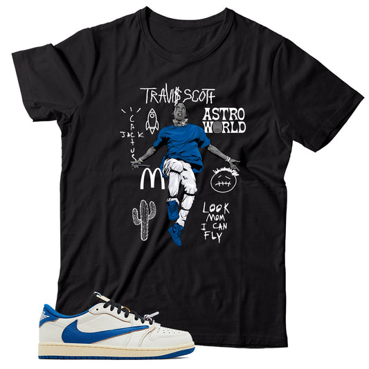 Jordan 1 Low Fragment Travis Scott Sail Military Blue shirt