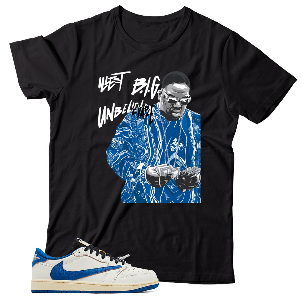 Jordan 1 Low Fragment Travis Scott Sail Military Blue shirt