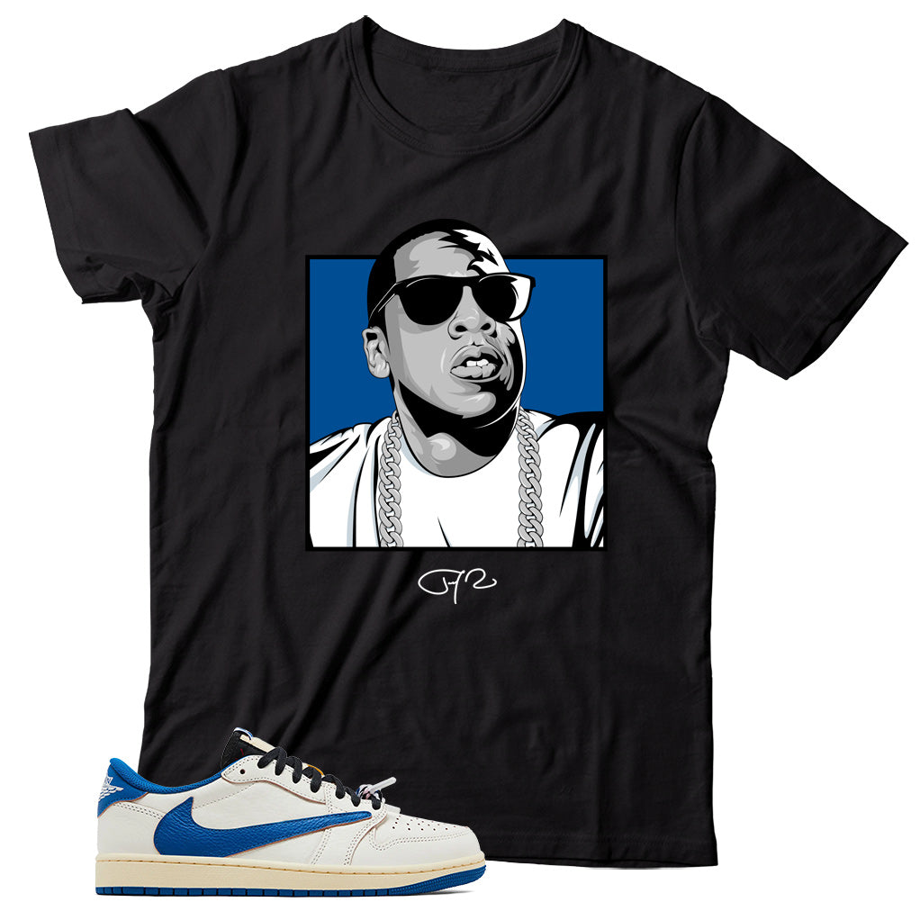 Jordan 1 Low Fragment Travis Scott Sail Military Blue shirt