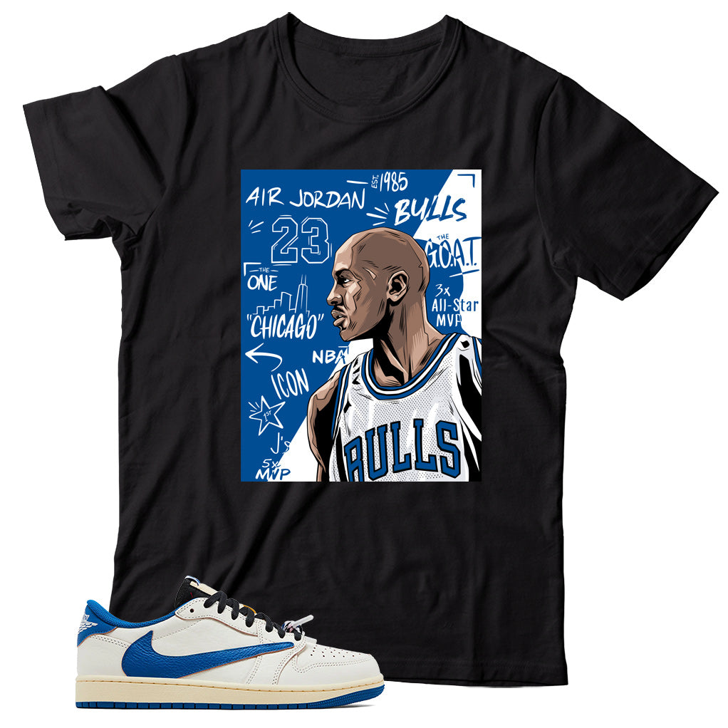 Jordan 1 Low Fragment Travis Scott Sail Military Blue shirt