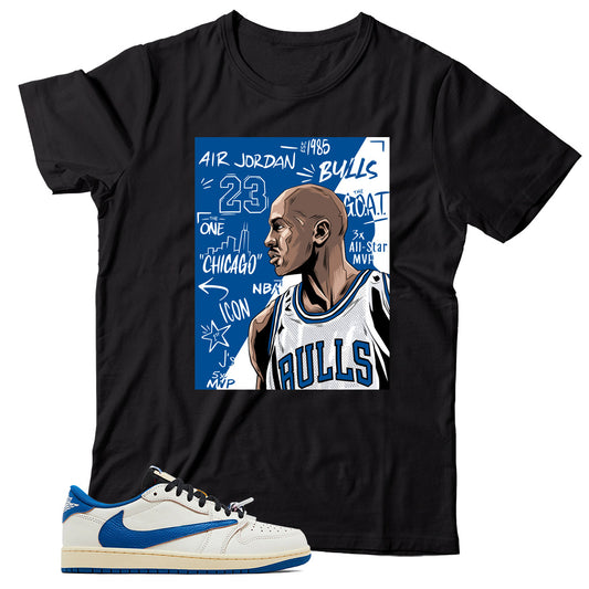 Jordan 1 Low Fragment Travis Scott Sail Military Blue shirt
