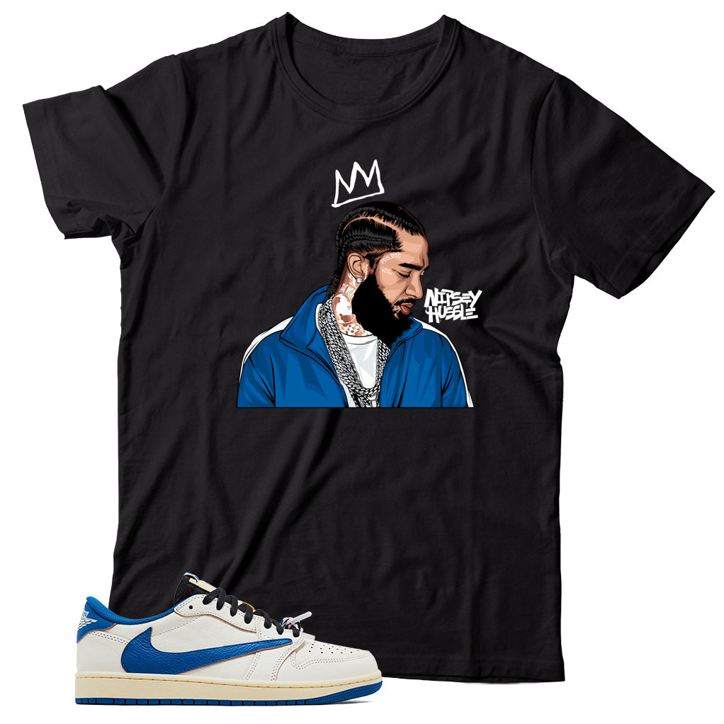 Jordan 1 Low Fragment Travis Scott Sail Military Blue shirt