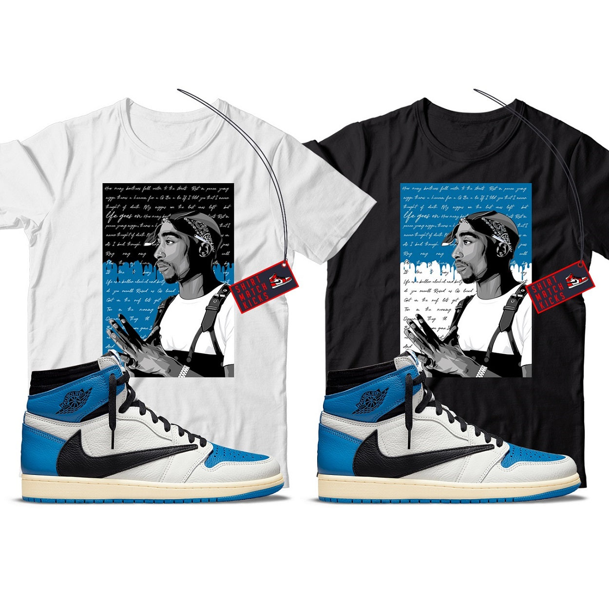 2 Pac(2) T-Shirt Match Jordan 1 Fragment x Travis Scott