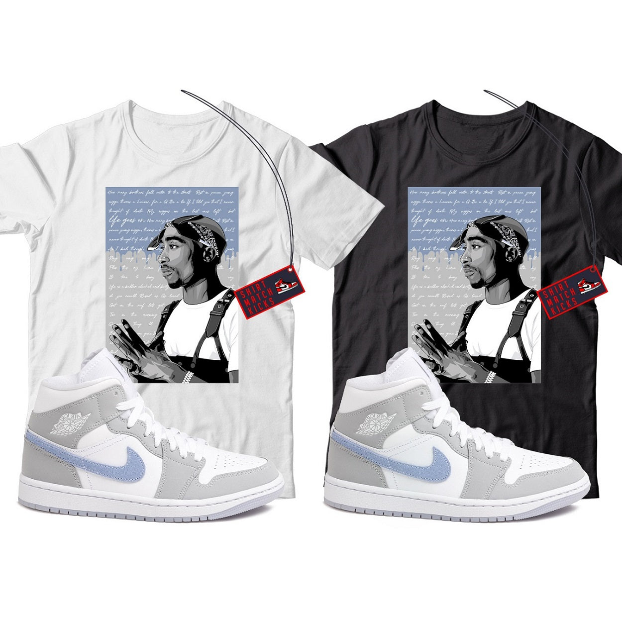 2 Pac(2) T-Shirt Match Jordan 1 Wolf Grey Aluminum