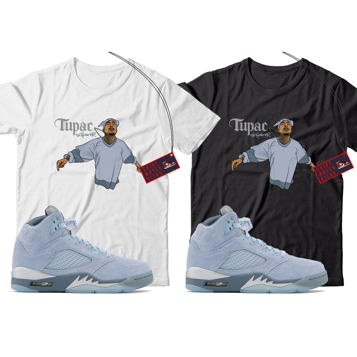 2 Pac(3) T-Shirt Match Jordan 5 Bluebird