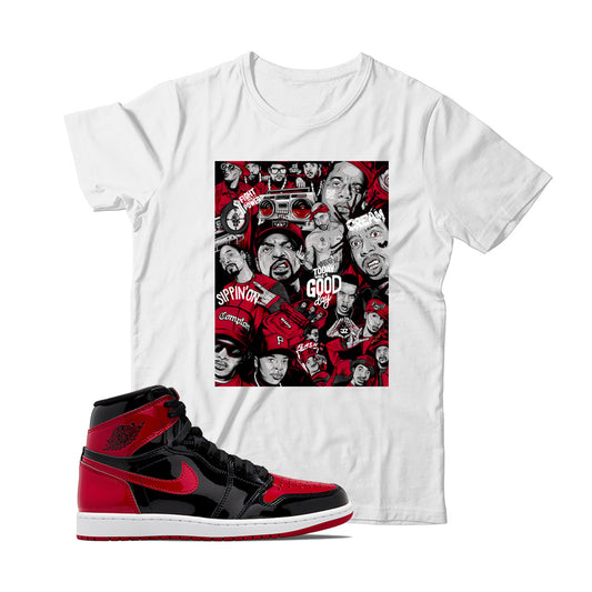 Rap(2) T-Shirt Match Jordan 1 Patent Bred (White)