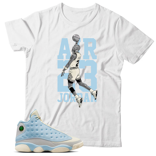 Jordan 13 SoleFly Celestine Blue shirt